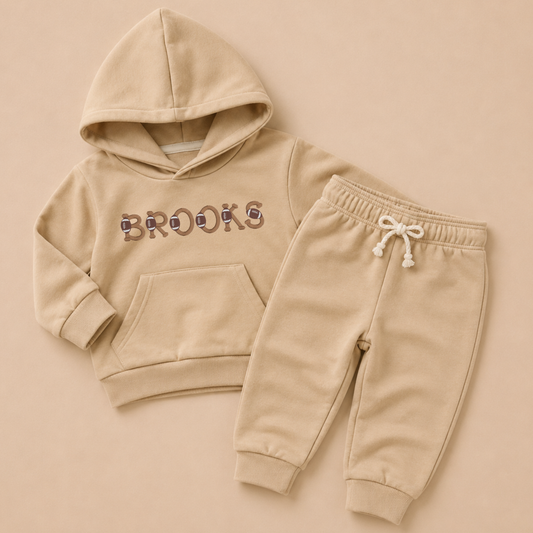 Custom Embroidered Organic Cotton Hooded Jogger Set - Tan