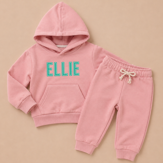 Custom Embroidered Organic Cotton Hooded Jogger Set - Pink