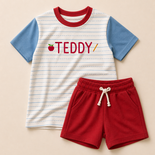 Custom Embroidered Colorblock Back to School Tee & Shorts Set – Notebook Print