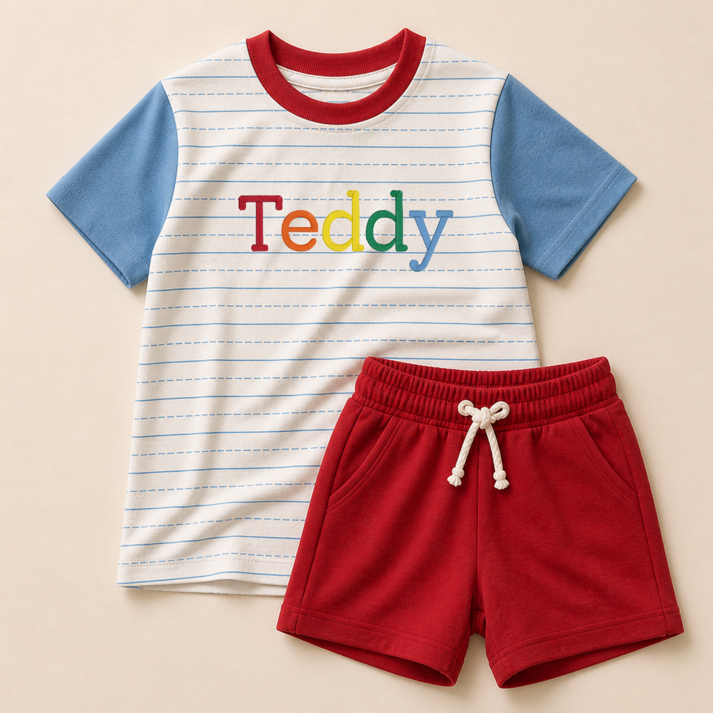 Custom Embroidered Colorblock Back to School Tee & Shorts Set – Notebook Print