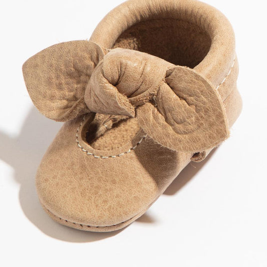 Newborn Weathered Brown Knotted Bow Baby Shoe