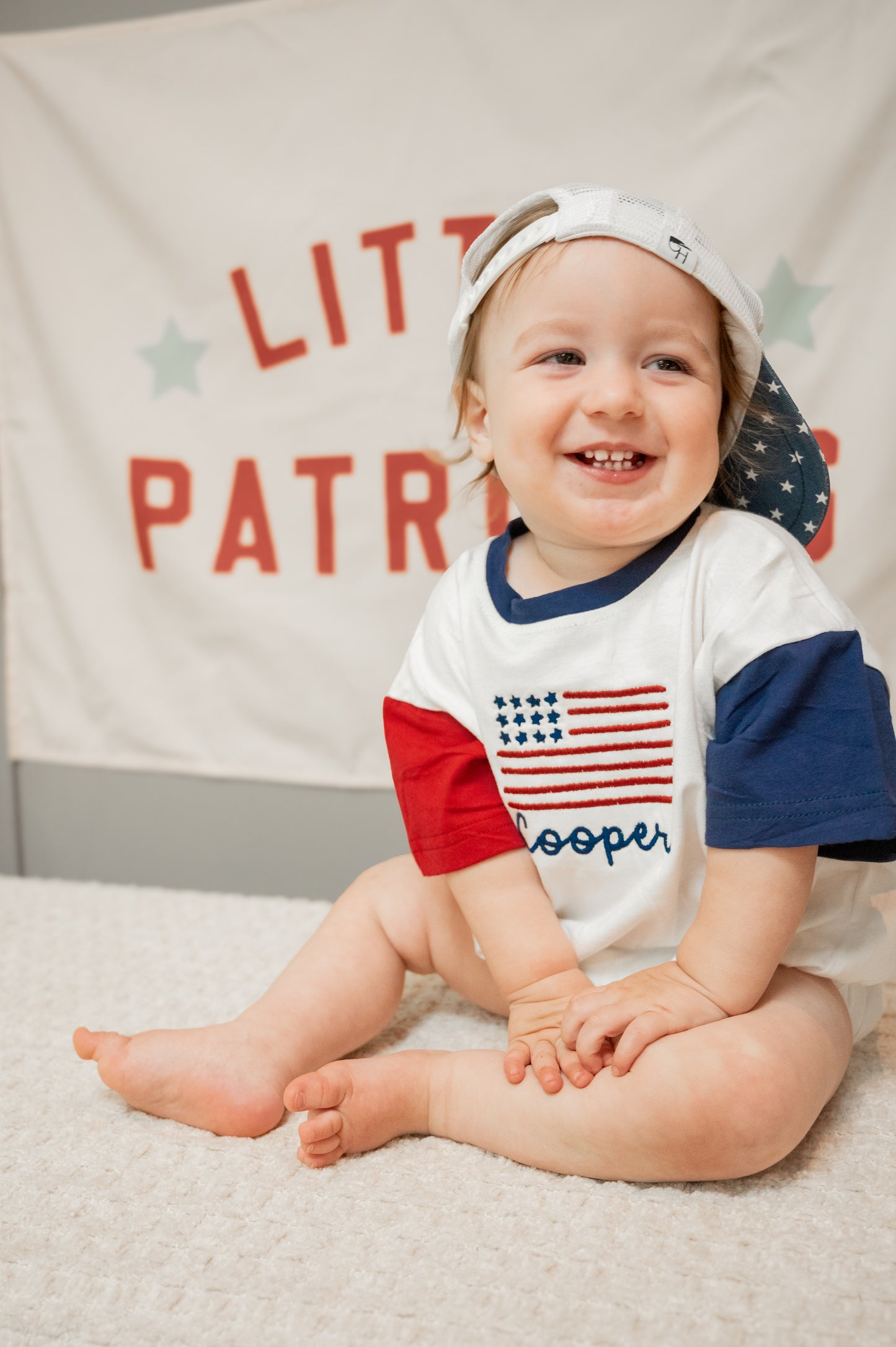 Custom Embroidered 4th of July Colorblock T-Shirt Romper or Oversized Tee - Flag