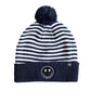 Blue & White Stripe Smiley Pom Pom Hat