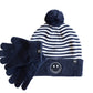 Blue & White Stripe Smiley Pom Pom Hat