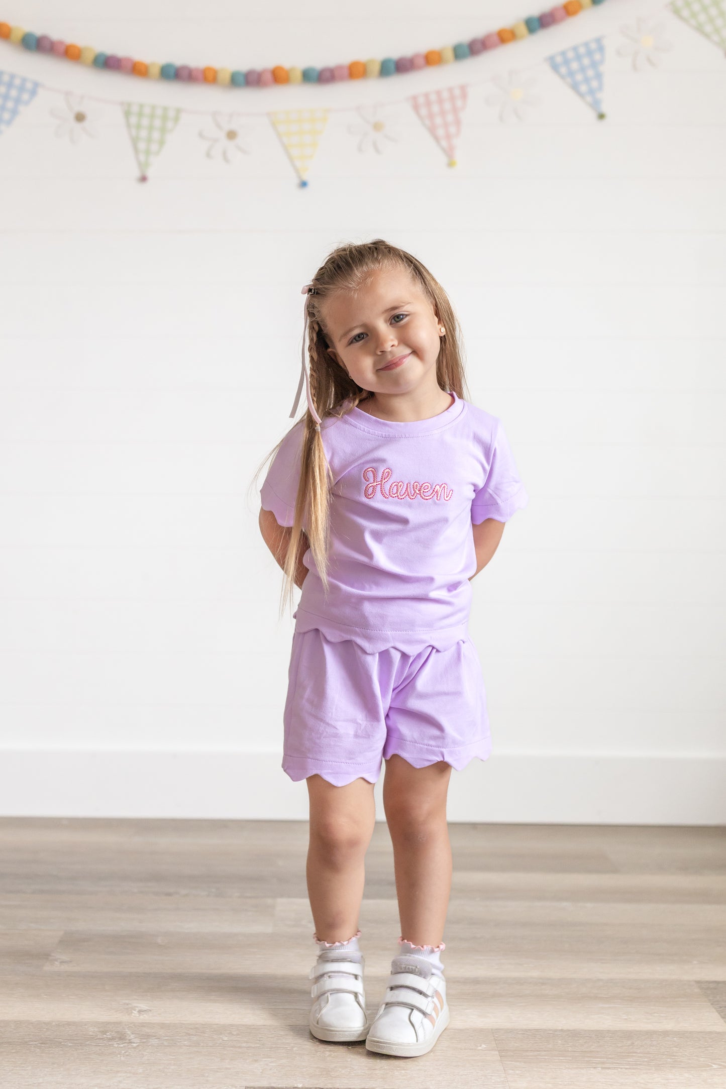 Custom Embroidered Scalloped Shorts Set - Pink or Purple