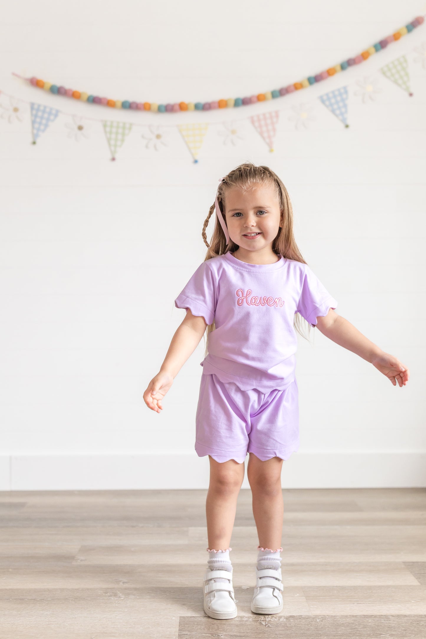 Custom Embroidered Scalloped Shorts Set - Pink or Purple