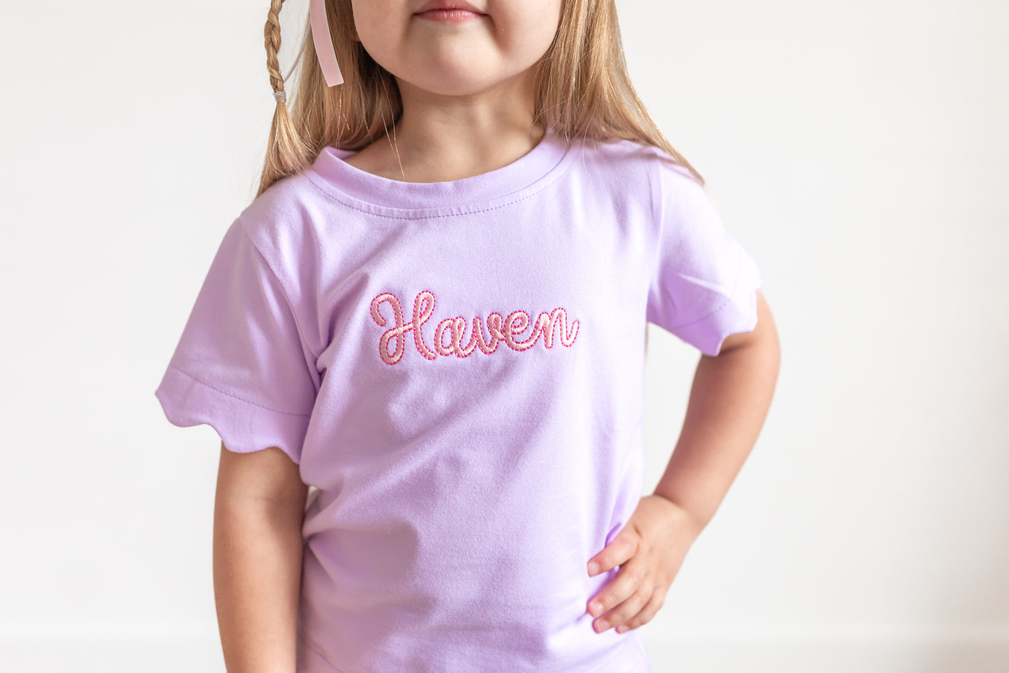 Custom Embroidered Scalloped Shorts Set - Pink or Purple
