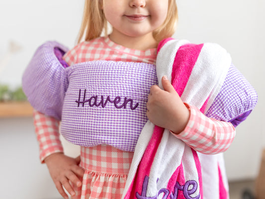 Custom Embroidered Purple Gingham Puddle Jumper Cover