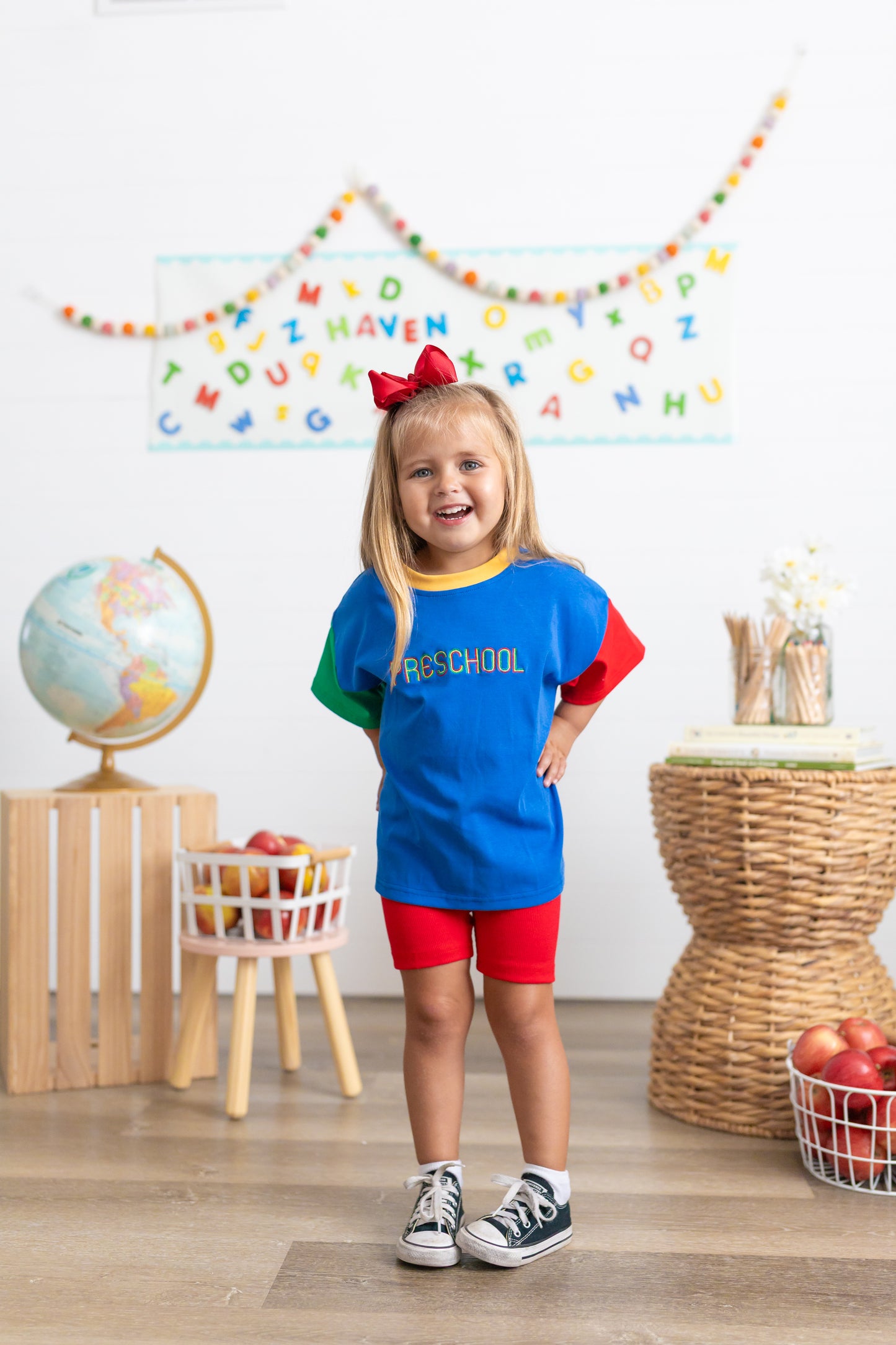 Custom Embroidered 90s Back to School Colorblock T-Shirt Romper or Oversized Tee & Biker Set