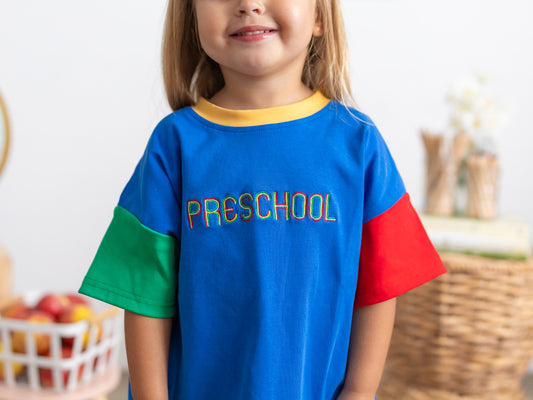 Custom Embroidered 90s Back to School Colorblock T-Shirt Romper or Oversized Tee & Biker Set