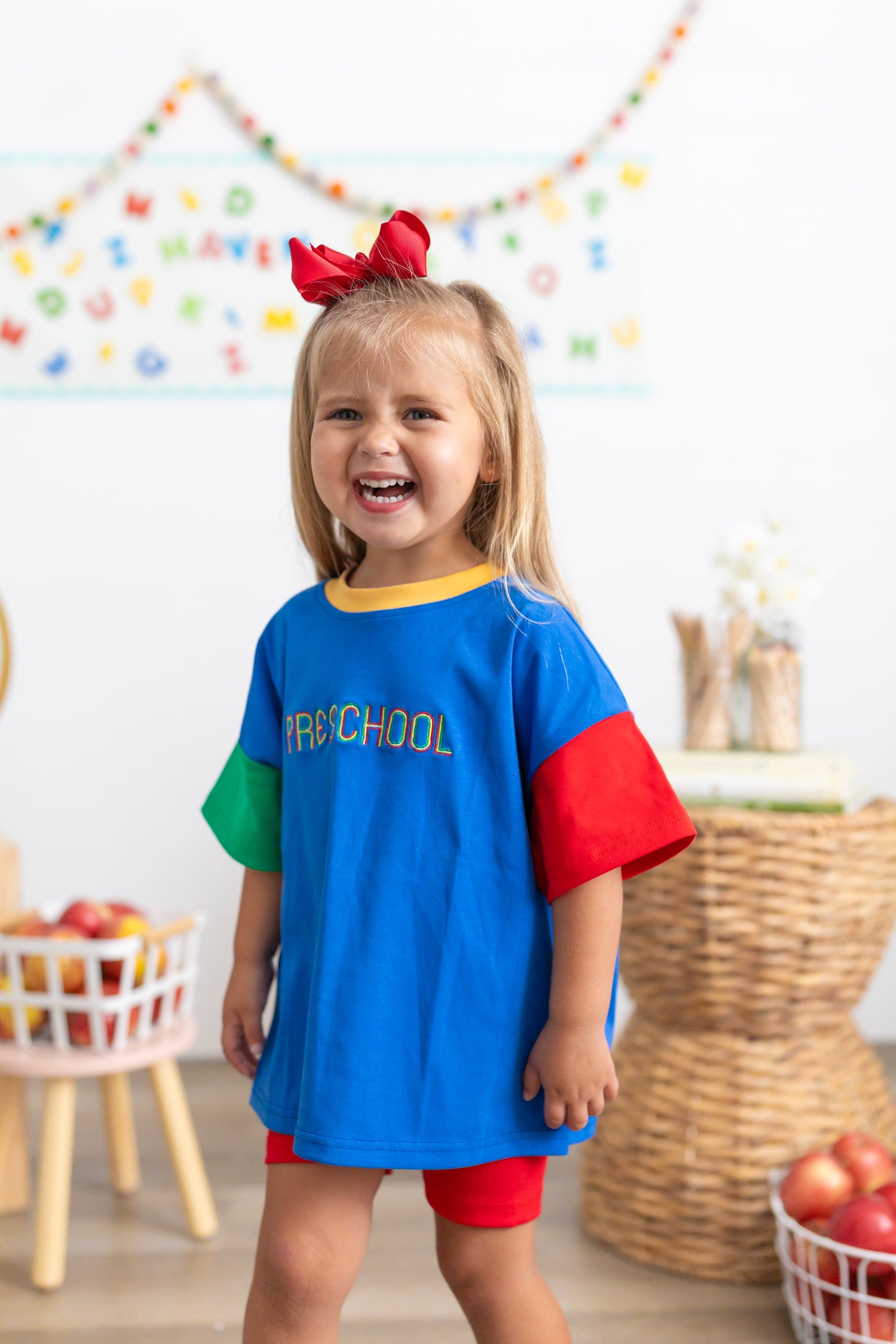 Custom Embroidered 90s Back to School Colorblock T-Shirt Romper or Oversized Tee & Biker Set