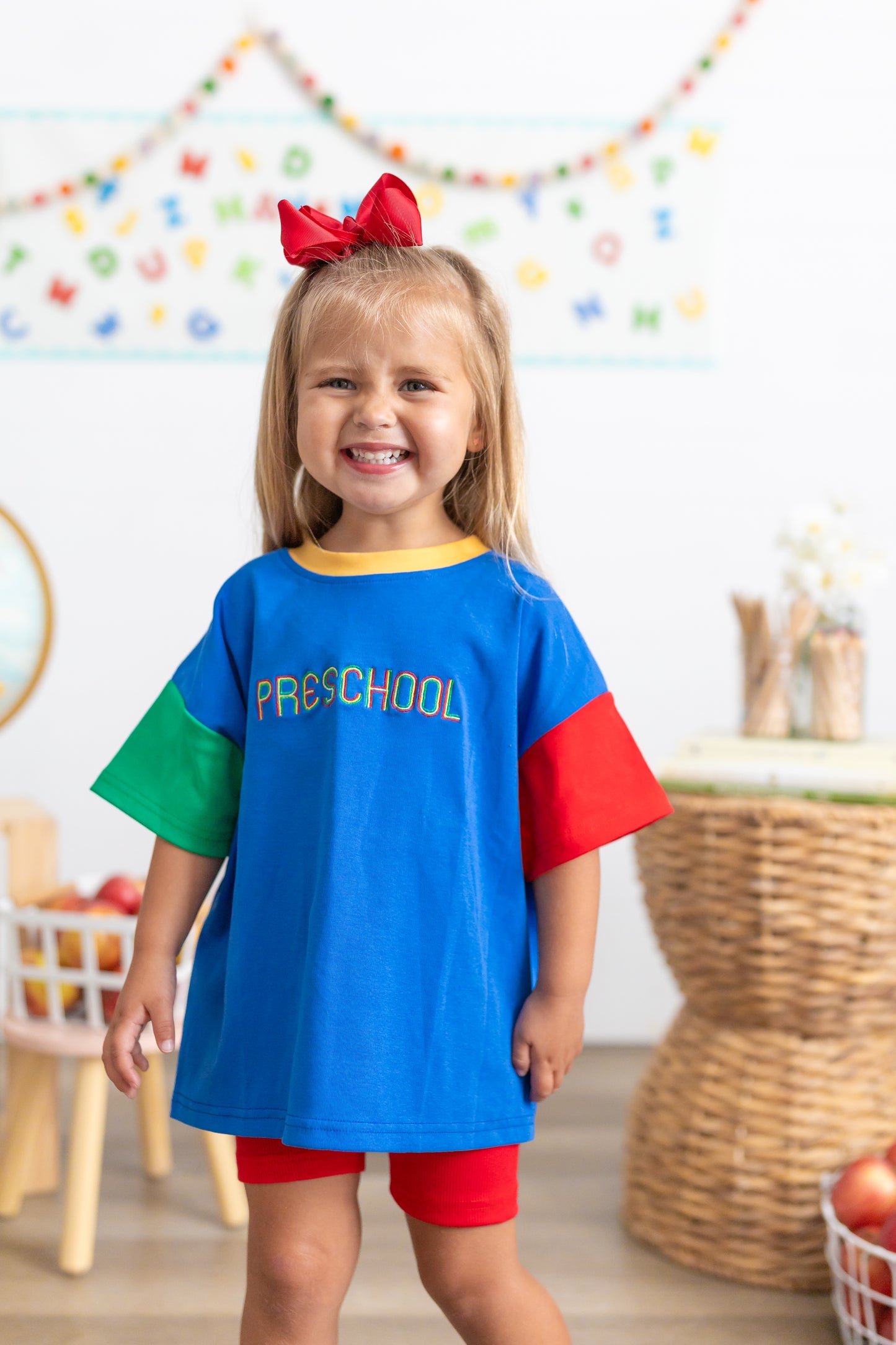 Custom Embroidered 90s Back to School Colorblock T-Shirt Romper or Oversized Tee & Biker Set