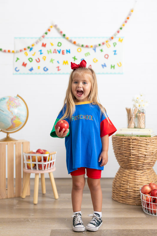 Custom Embroidered 90s Back to School Colorblock T-Shirt Romper or Oversized Tee & Biker Set