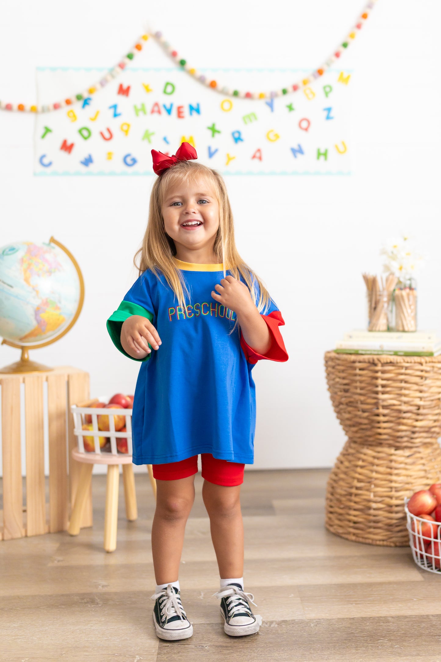 Custom Embroidered 90s Back to School Colorblock T-Shirt Romper or Oversized Tee & Biker Set