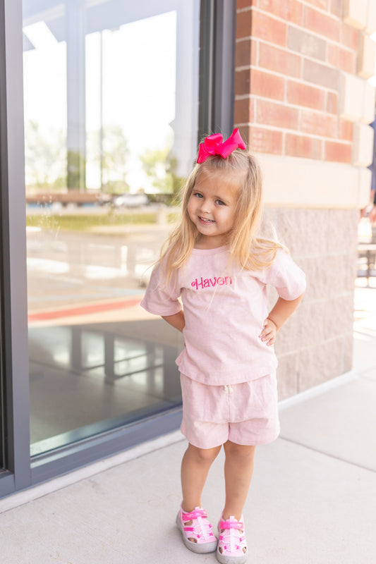 Custom Embroidered Organic Cotton Shorts Set - Pink
