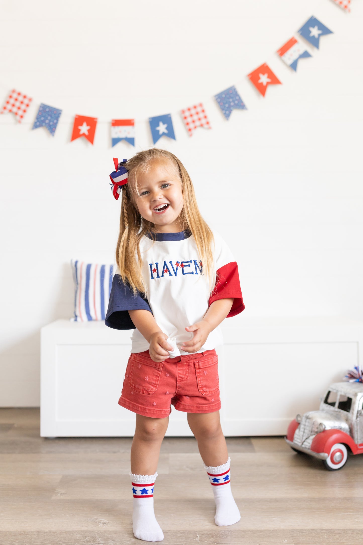 Custom Embroidered 4th of July Oversized Colorblock Tee - Star Font