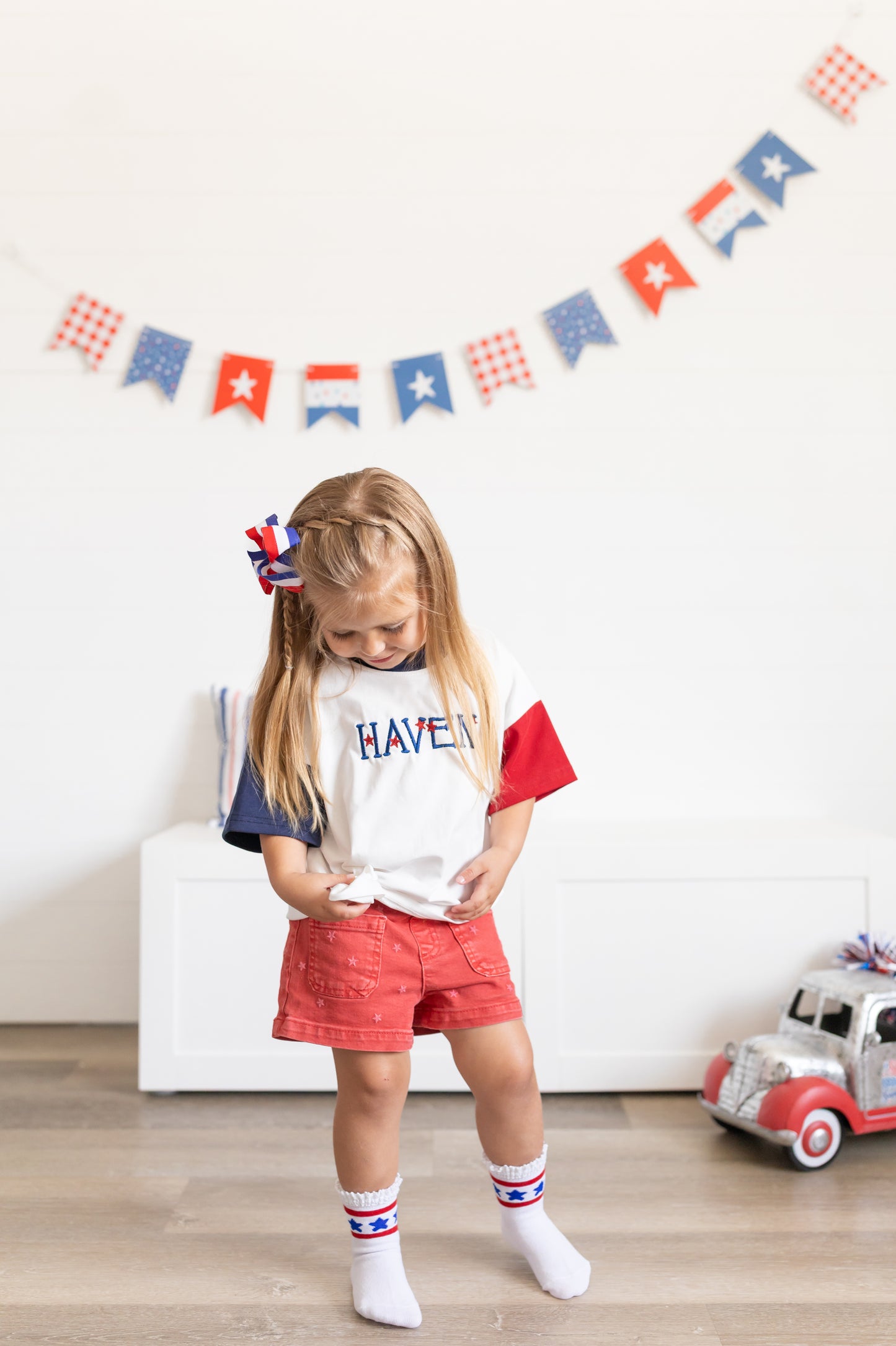 Custom Embroidered 4th of July Oversized Colorblock Tee - Star Font