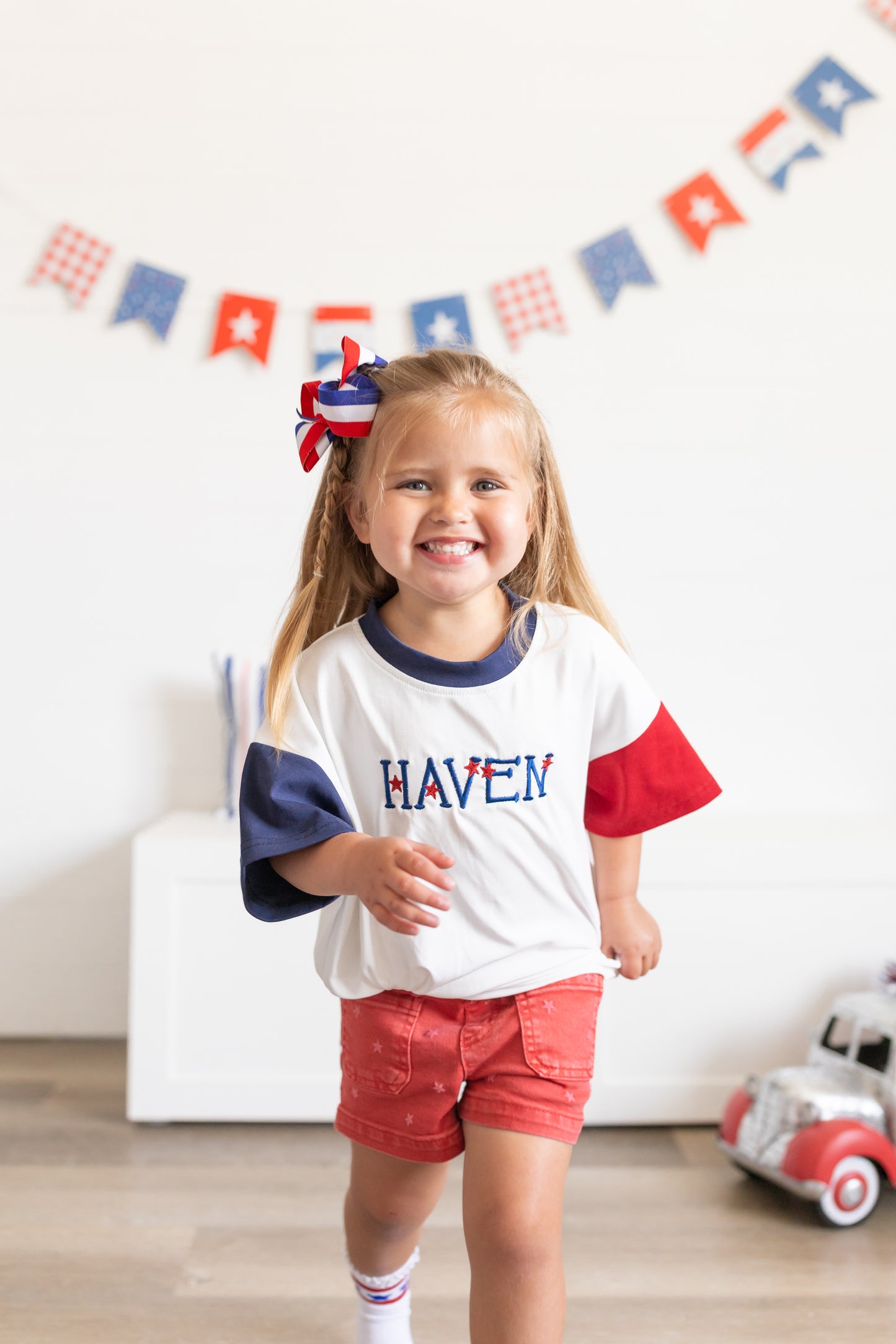 Custom Embroidered 4th of July Oversized Colorblock Tee - Star Font