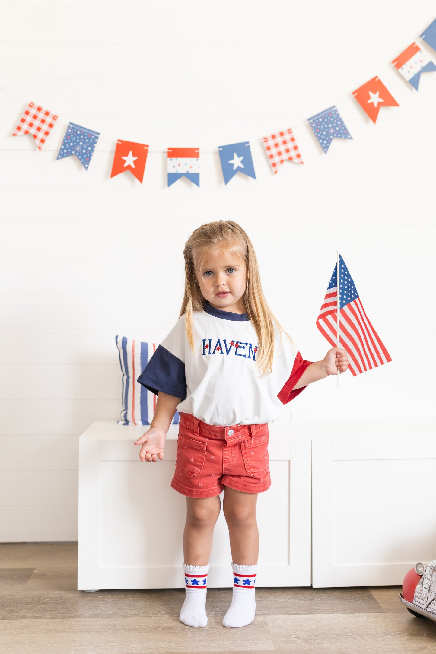 Custom Embroidered 4th of July Oversized Colorblock Tee - Star Font