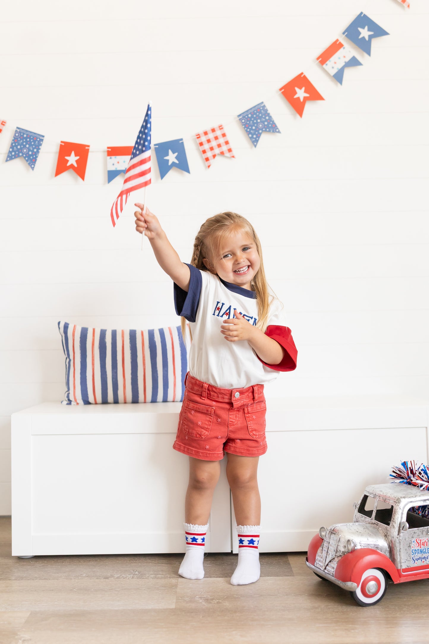 Custom Embroidered 4th of July Oversized Colorblock Tee - Star Font