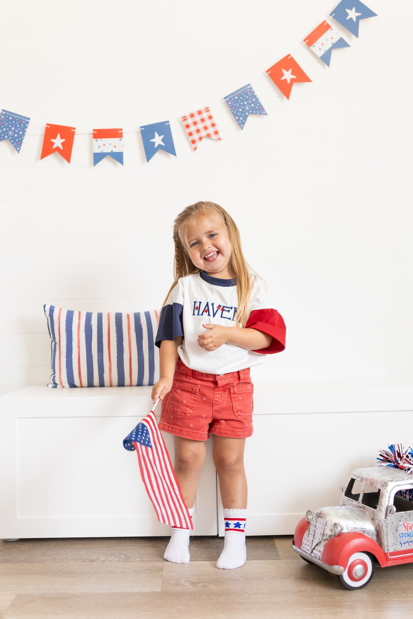 Custom Embroidered 4th of July Oversized Colorblock Tee - Star Font