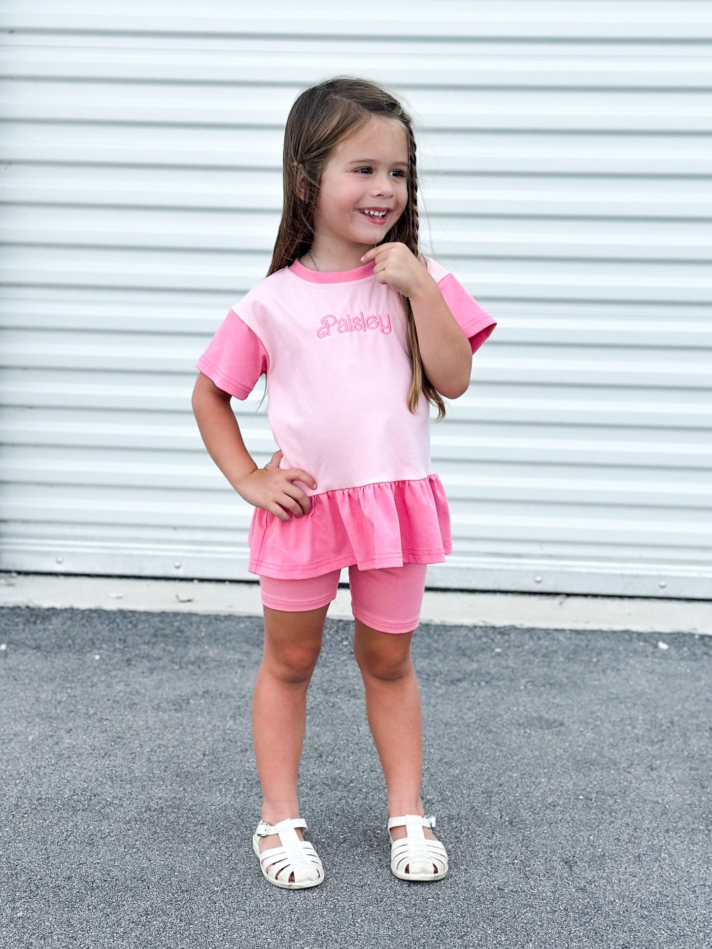 Custom Embroidered Colorblock Peplum Tee and Biker Shorts Set