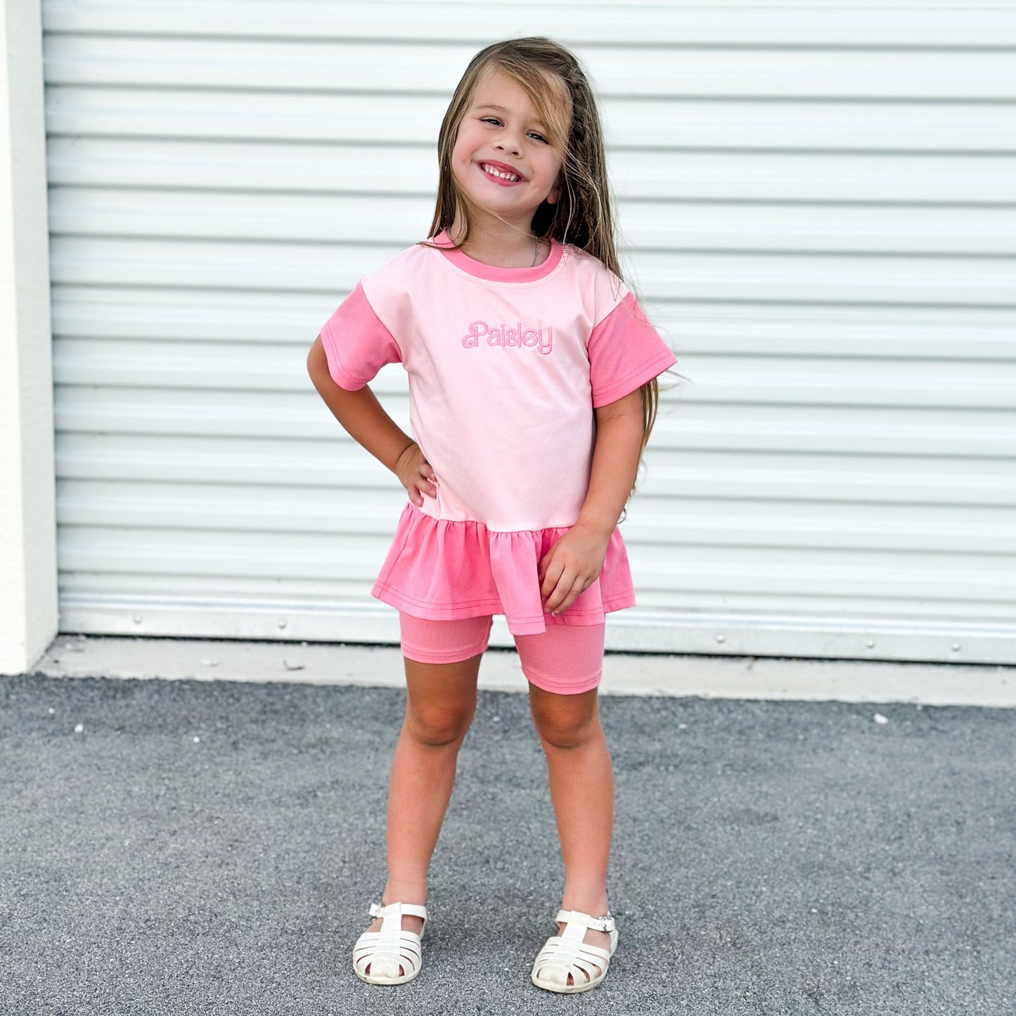 Custom Embroidered Colorblock Peplum Tee and Biker Shorts Set