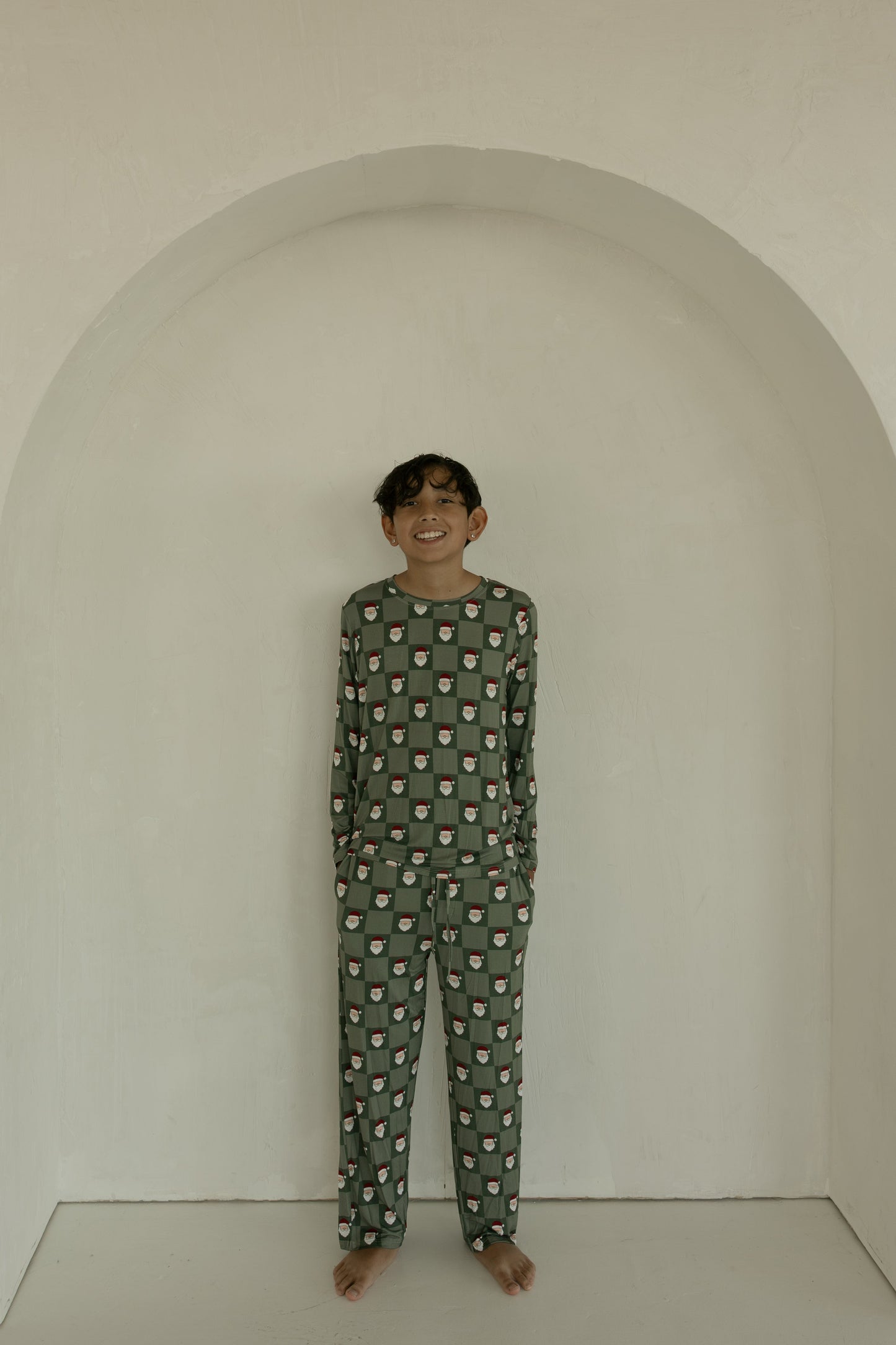Pre-Teen Straight Leg Bamboo Pajamas | Santa Checkerboard
