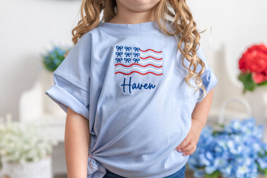 Custom Embroidered Light Blue 4th of July Oversized Tee or T-Shirt Romper - Bow Flag