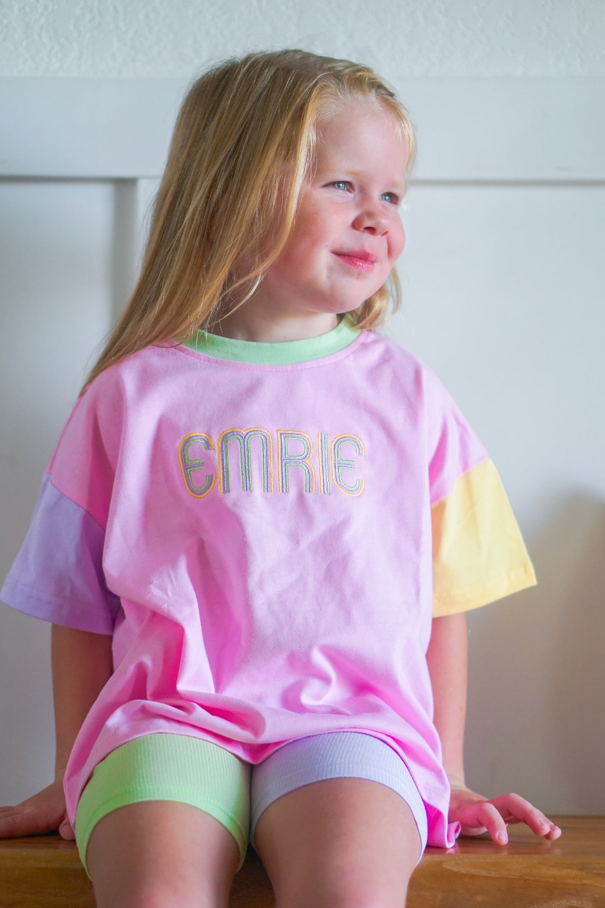 Custom Embroidered Girls Colorblock Tee & Bamboo Shorts Set