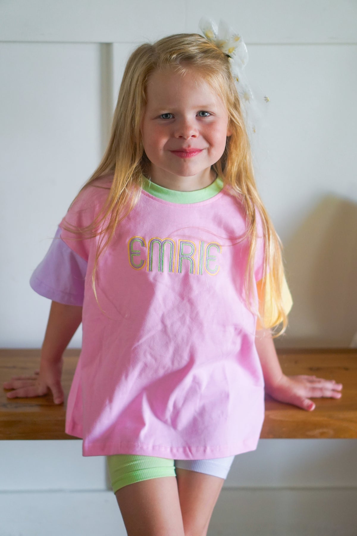Custom Embroidered Girls Colorblock Tee & Bamboo Shorts Set