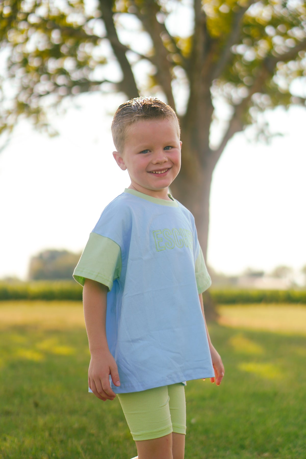Custom Embroidered Colorblock Oversized Tee & Biker Set – Blue & Green