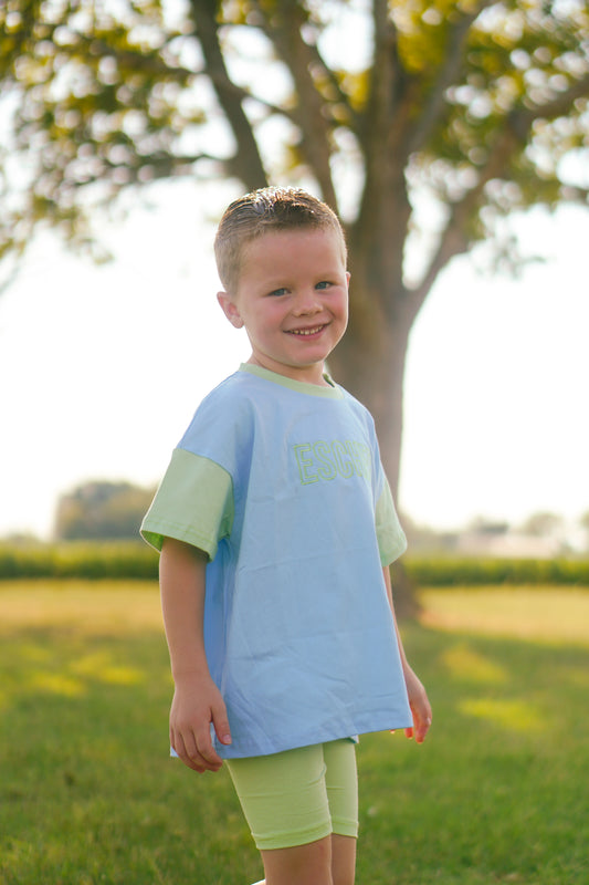 Custom Embroidered Colorblock Oversized Tee & Biker Set – Blue & Green