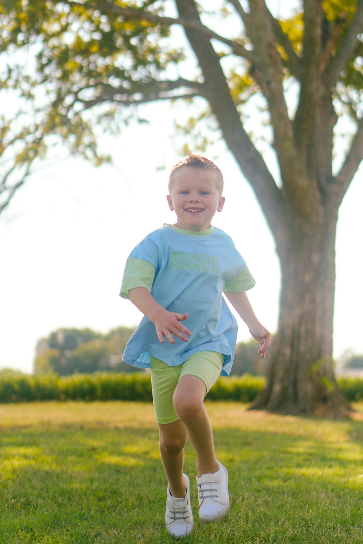 Custom Embroidered Colorblock Oversized Tee & Biker Set – Blue & Green