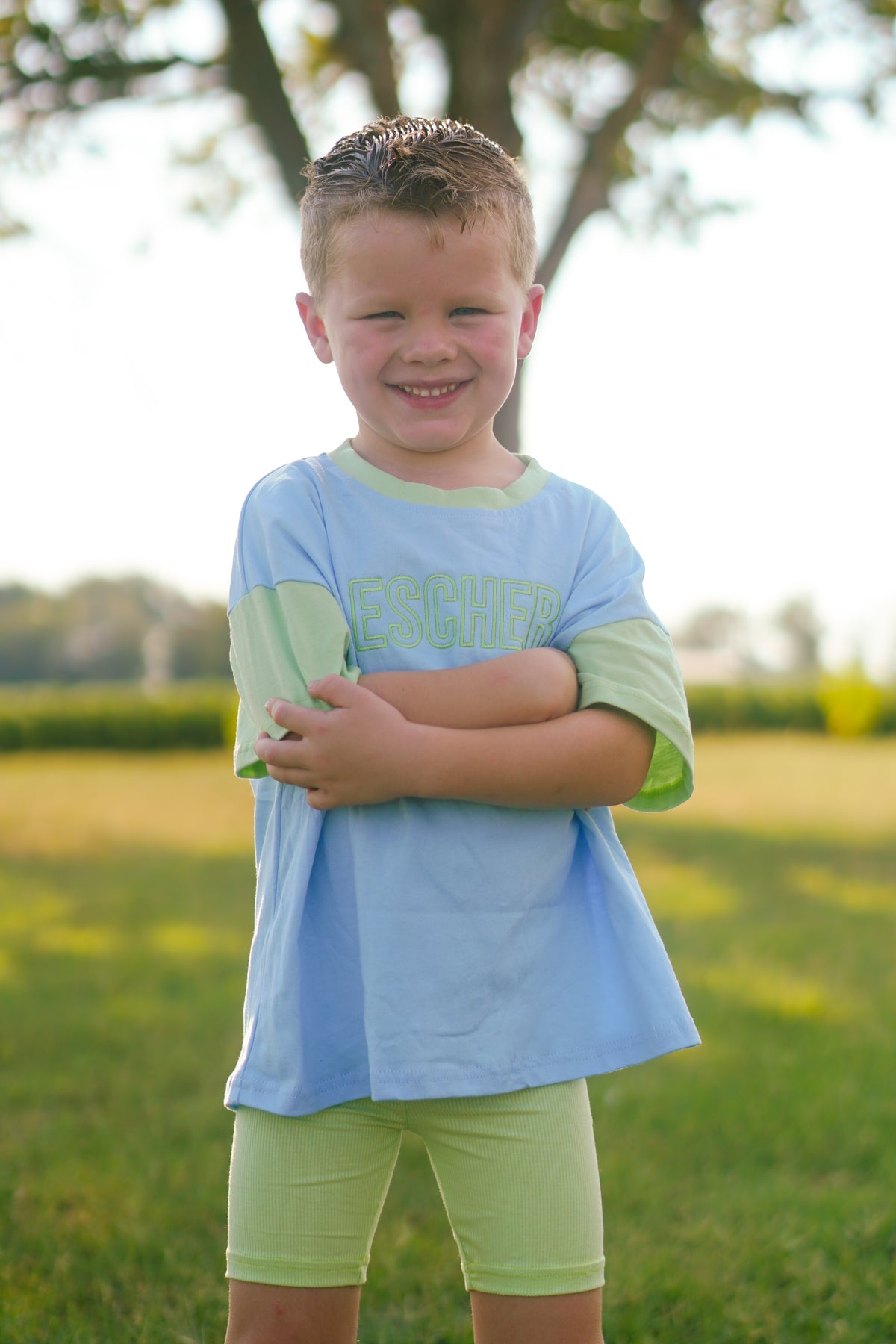 Custom Embroidered Colorblock Oversized Tee & Biker Set – Blue & Green