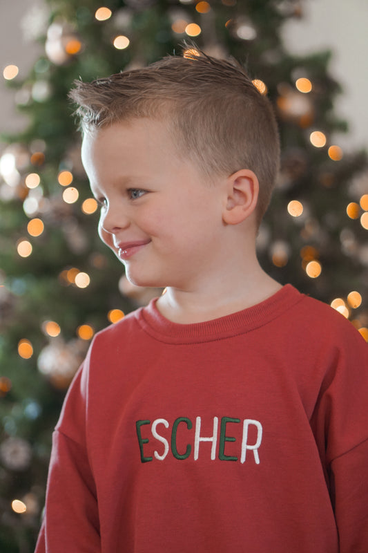 Custom Embroidered Christmas Sweatshirt or Sweatshirt Bubble Romper - Red