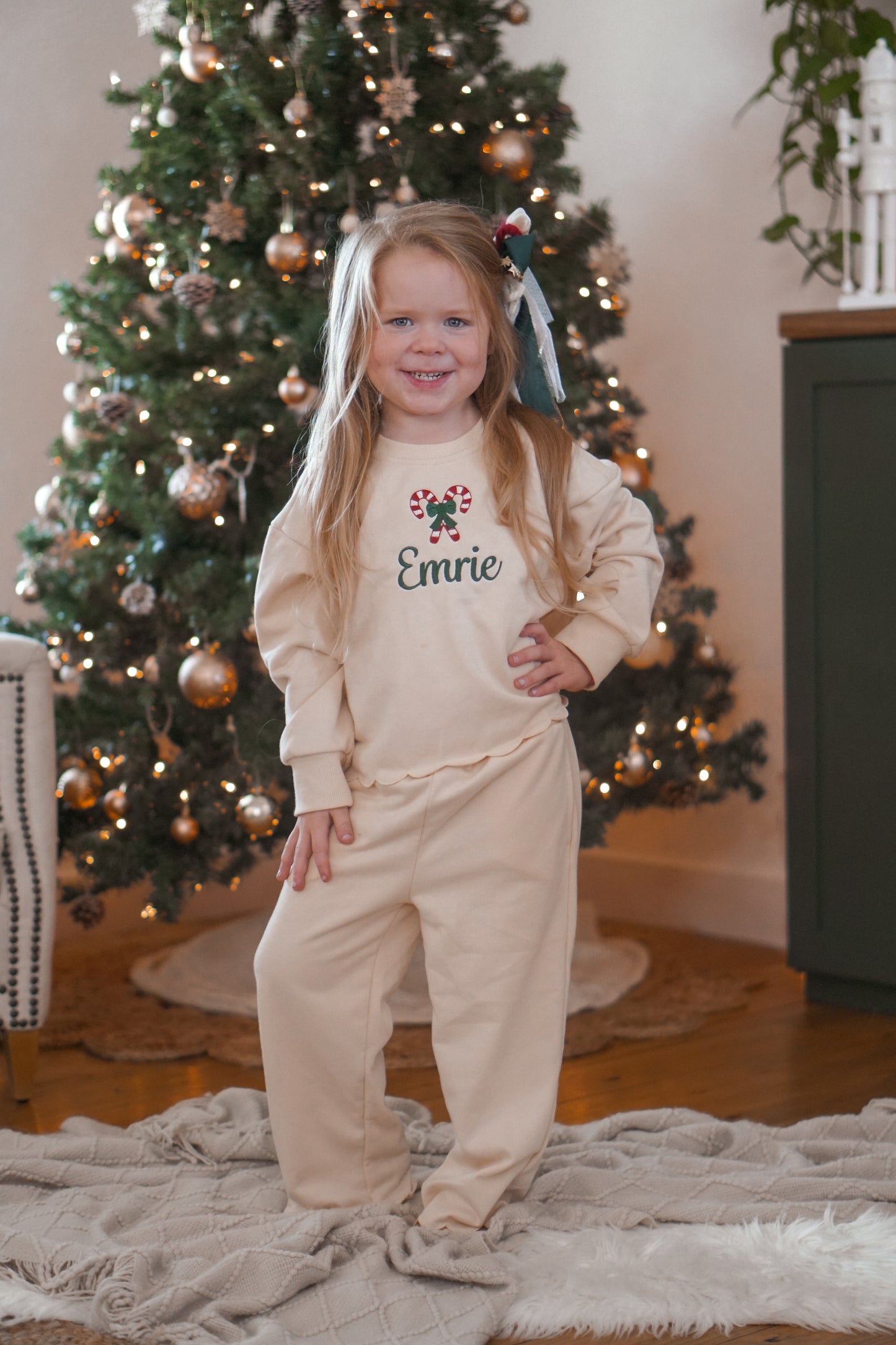 Custom Embroidered Monochromatic Scalloped Set - Christmas Red, Cream, Green or Brown