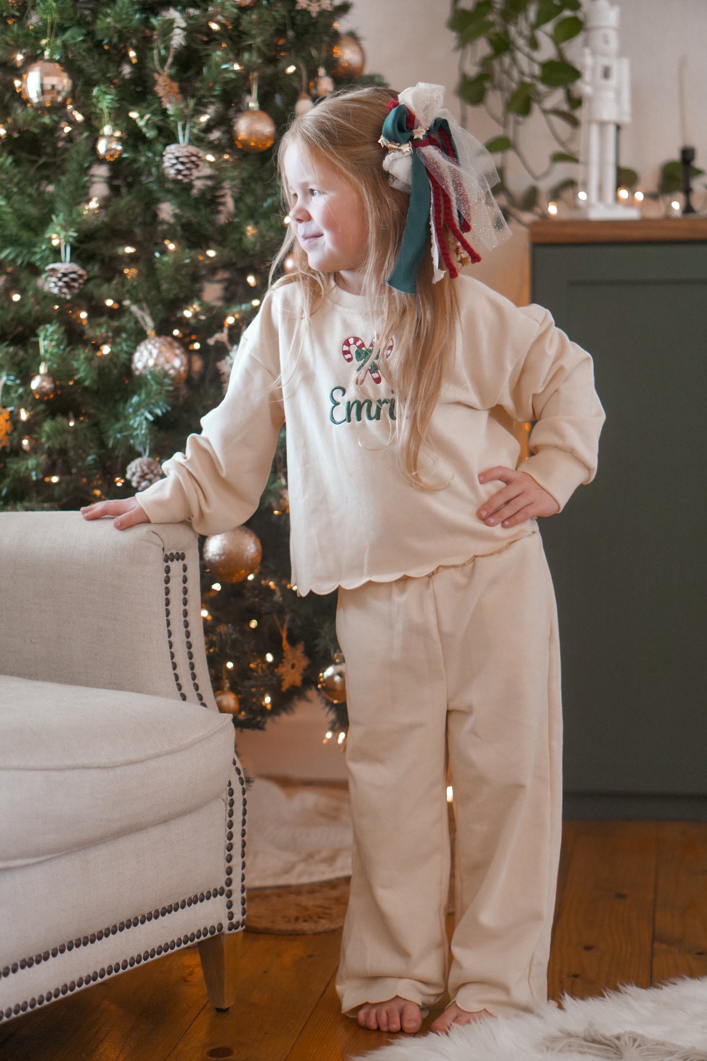 Custom Embroidered Monochromatic Scalloped Set - Christmas Red, Cream, Green or Brown