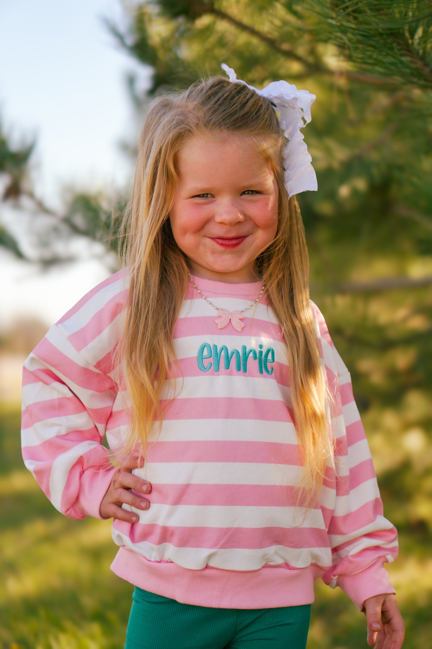 Pink Striped Crewneck Sweatshirt - Optional Custom Embroidery