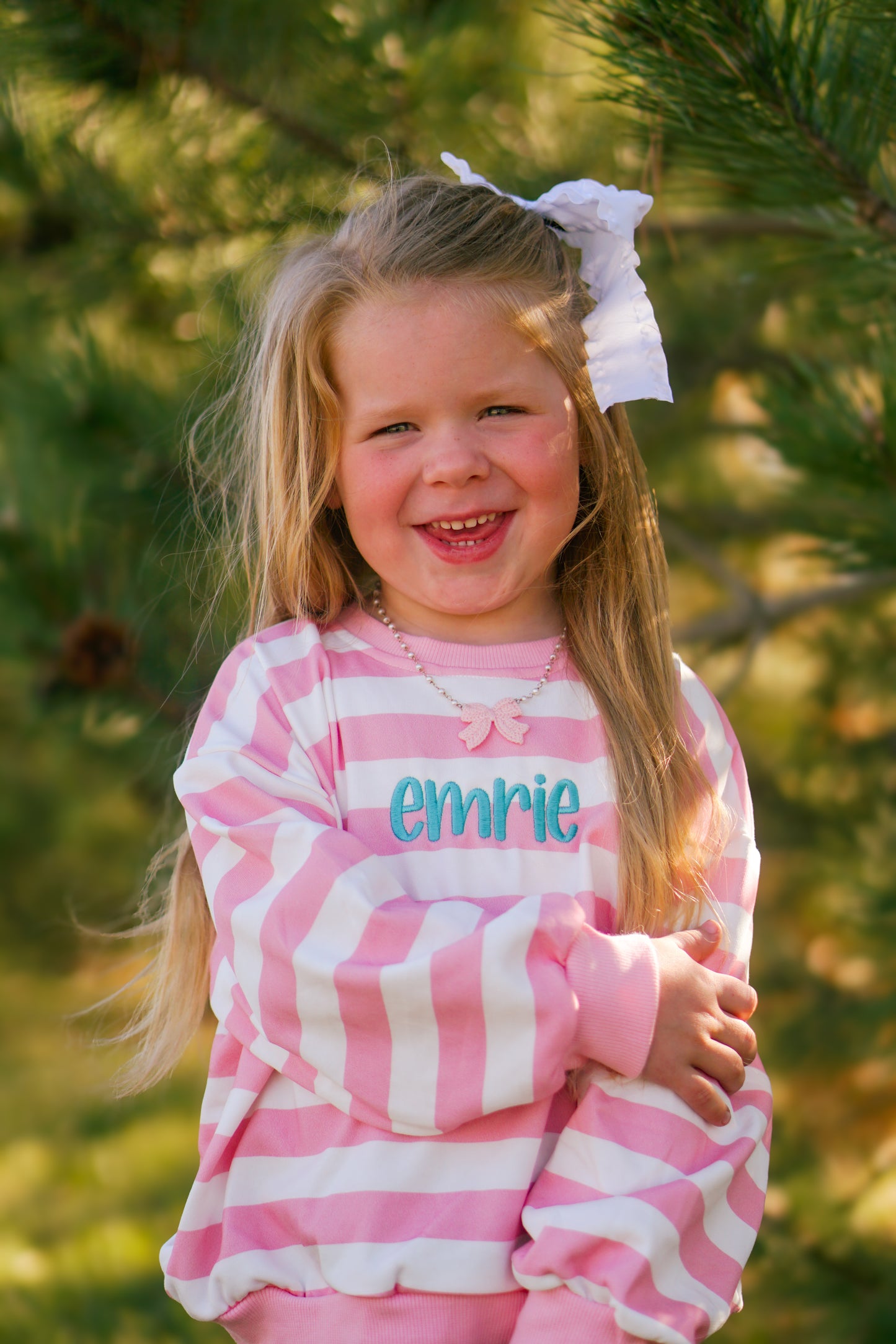 Pink Striped Crewneck Sweatshirt - Optional Custom Embroidery