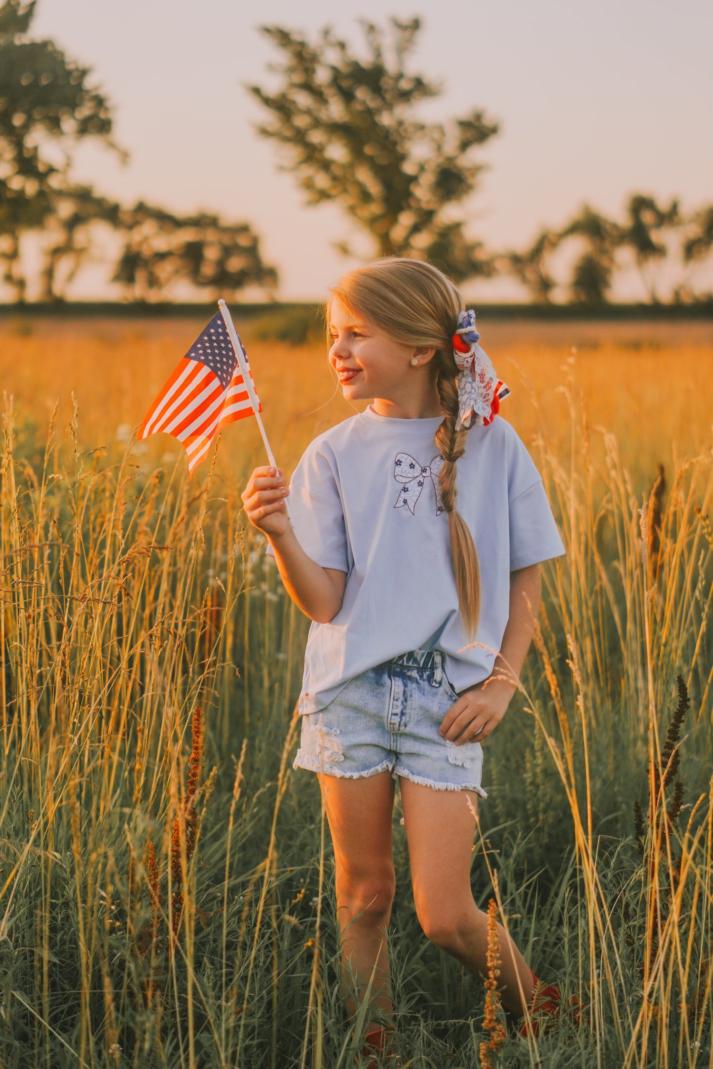 Custom Embroidered Light Blue 4th of July Oversized Tee or T-Shirt Romper - Bow