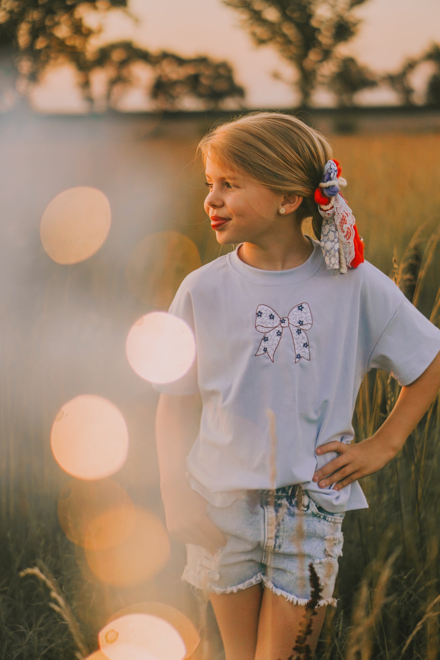 Custom Embroidered Light Blue 4th of July Oversized Tee or T-Shirt Romper - Bow