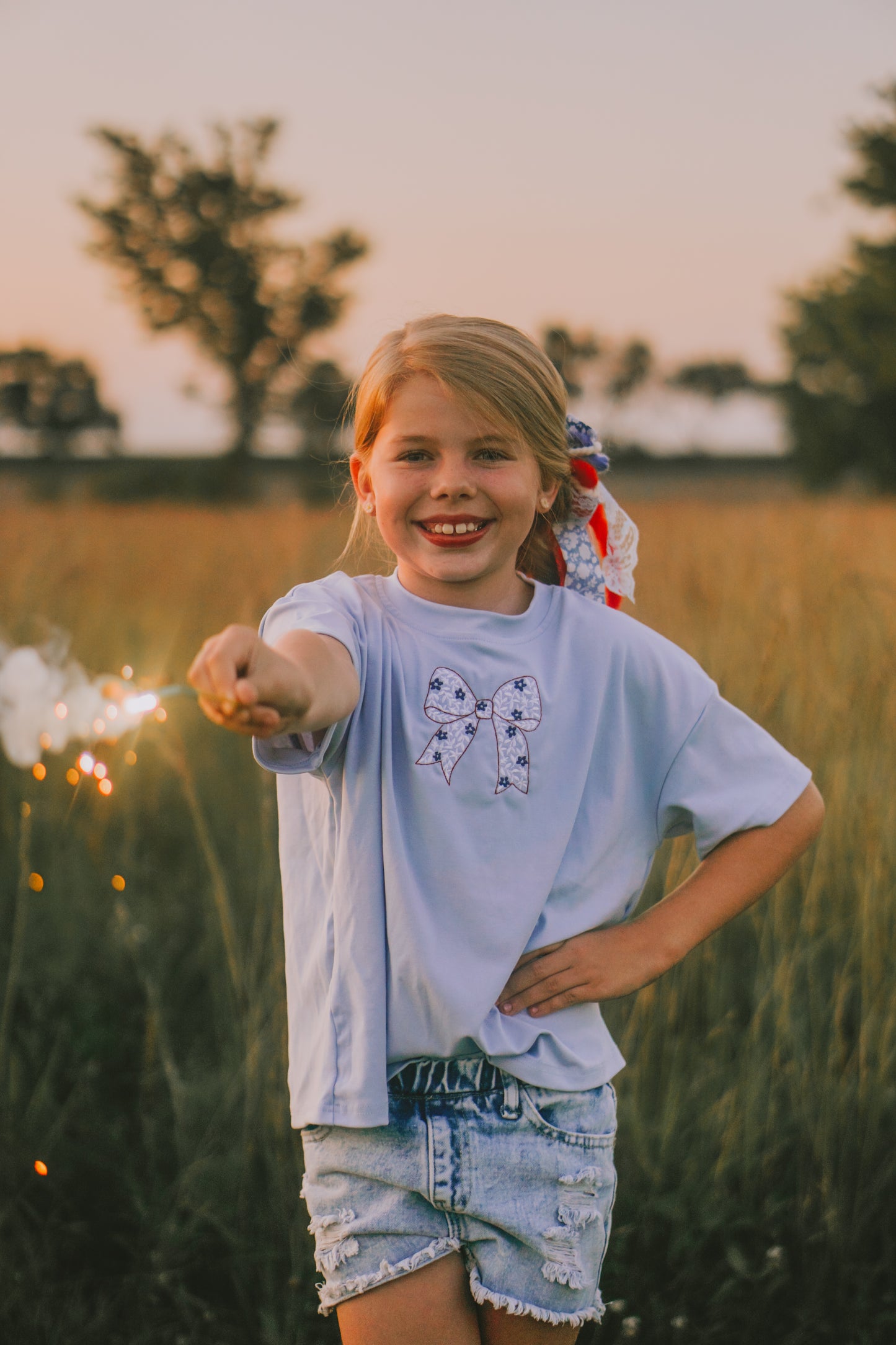 Custom Embroidered Light Blue 4th of July Oversized Tee or T-Shirt Romper - Bow