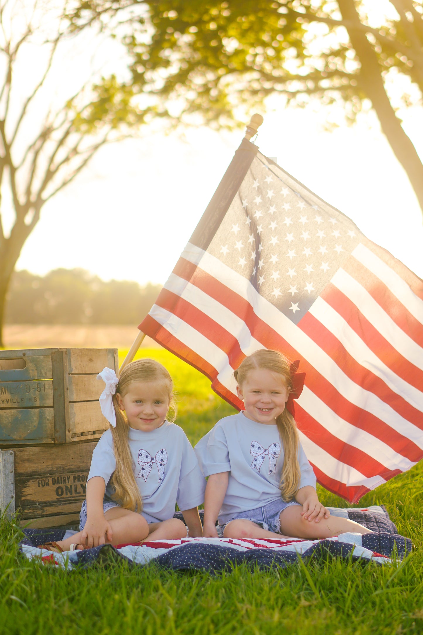 Custom Embroidered Light Blue 4th of July Oversized Tee or T-Shirt Romper - Bow