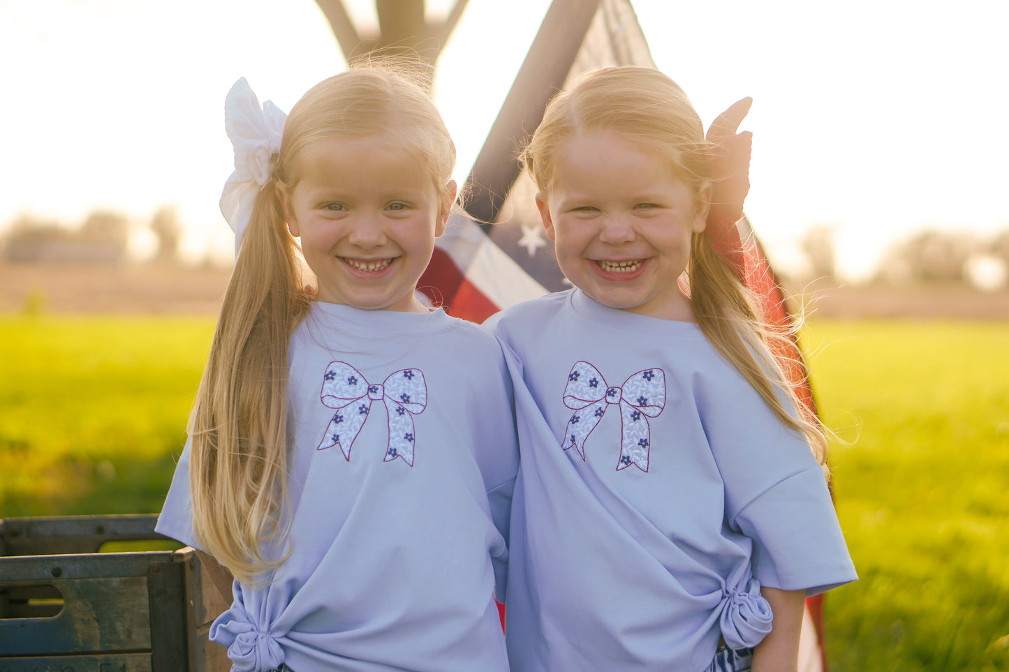 Custom Embroidered Light Blue 4th of July Oversized Tee or T-Shirt Romper - Bow Flag