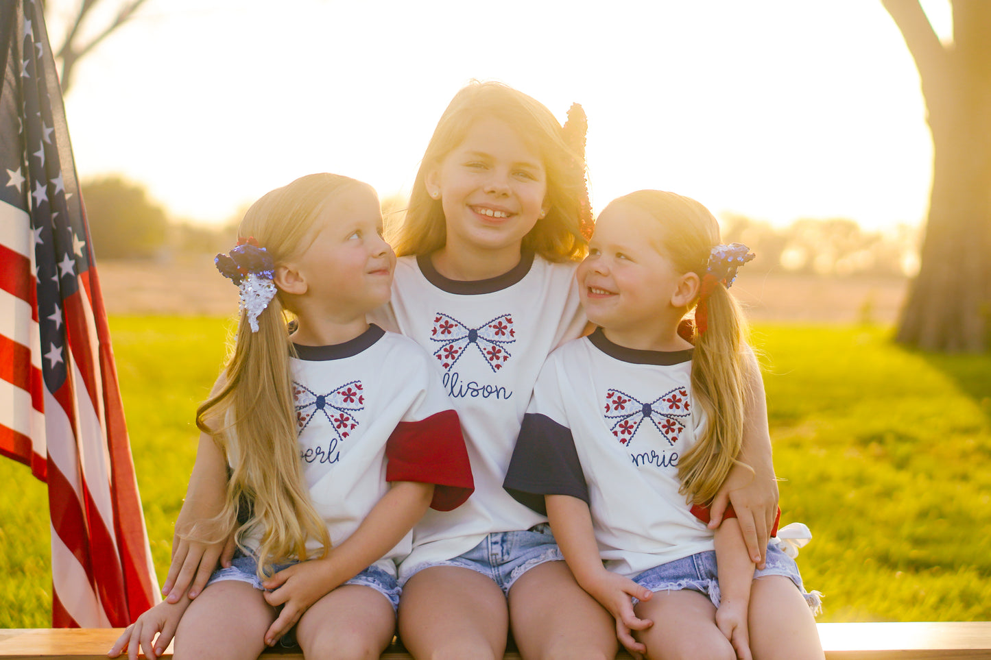 Custom Embroidered Blue 4th of July Tee - Floral Bow