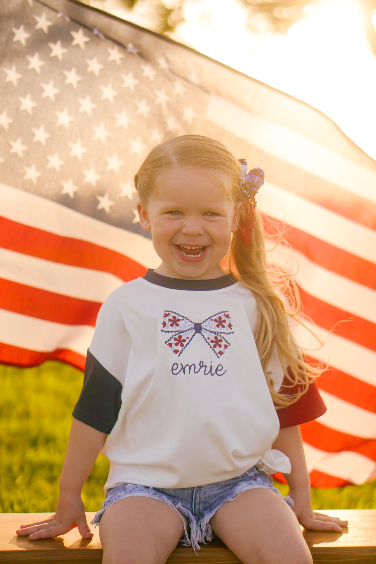 Custom Embroidered Blue 4th of July Tee - Floral Bow