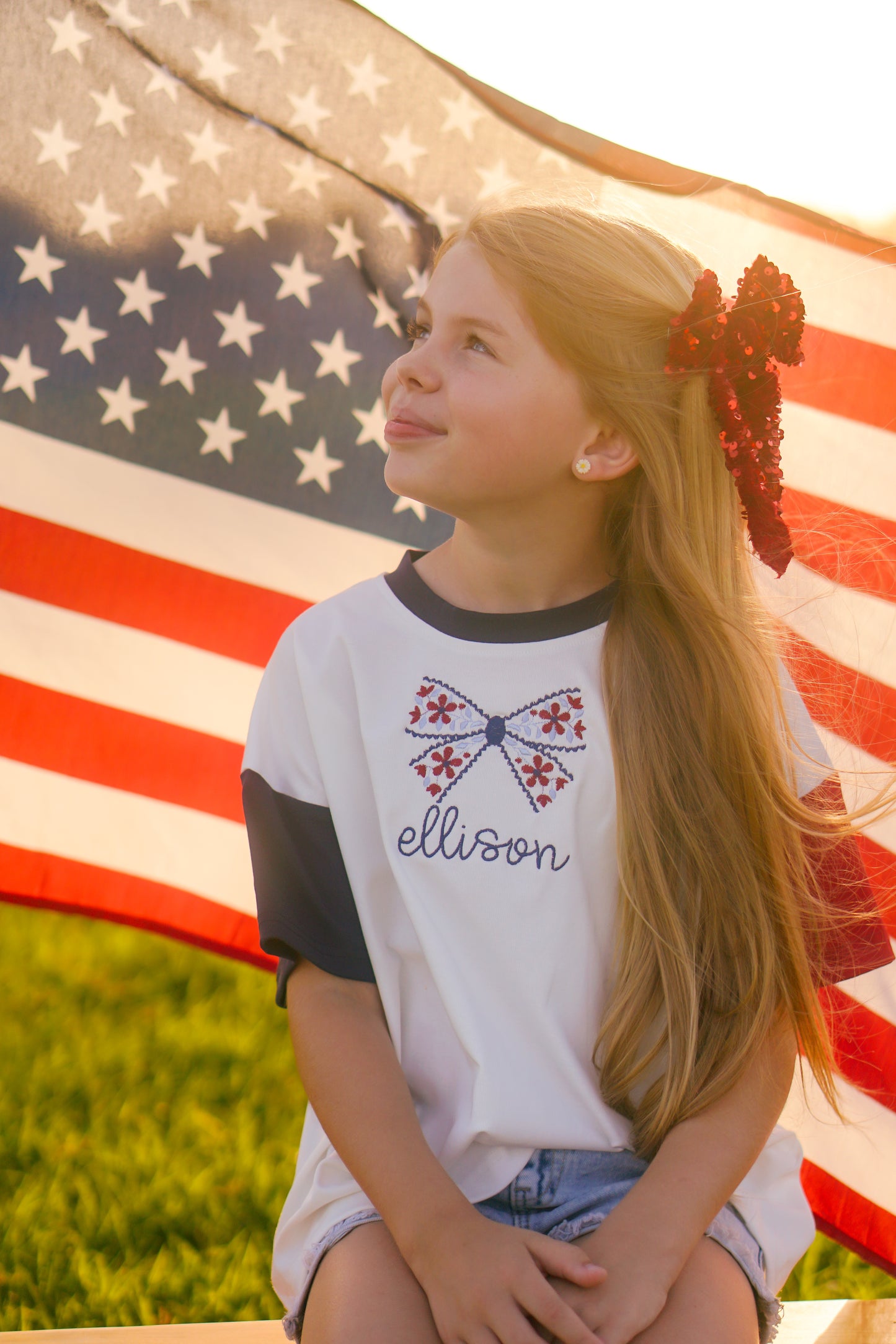 Custom Embroidered Blue 4th of July Tee - Floral Bow