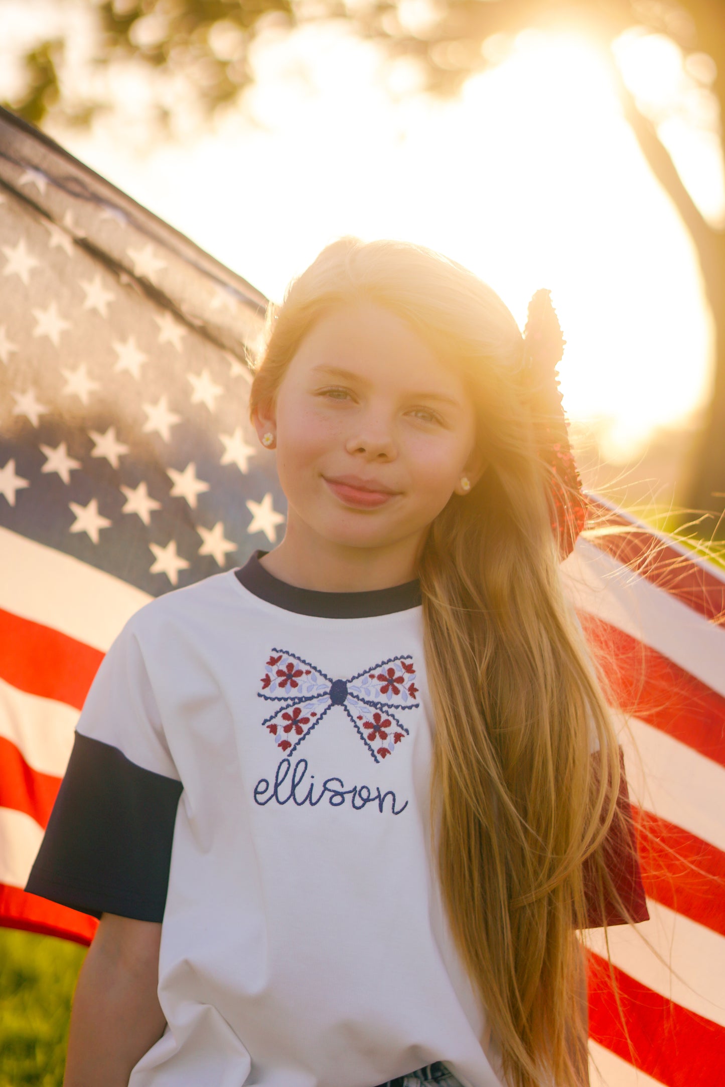 Custom Embroidered Blue 4th of July Tee - Floral Bow