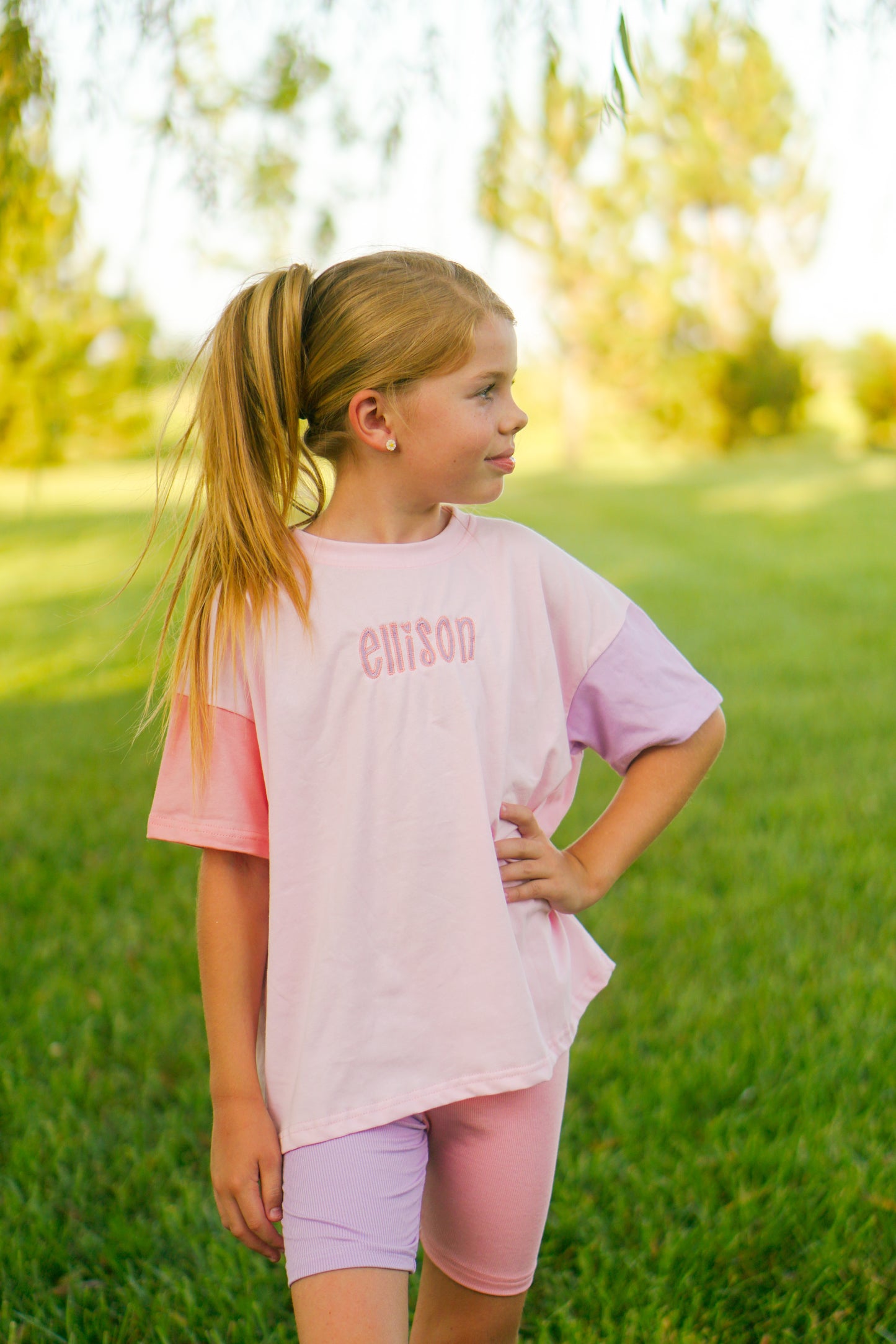 Custom Embroidered Colorblock Tee and Biker Shorts Set - Pink & Purple Set